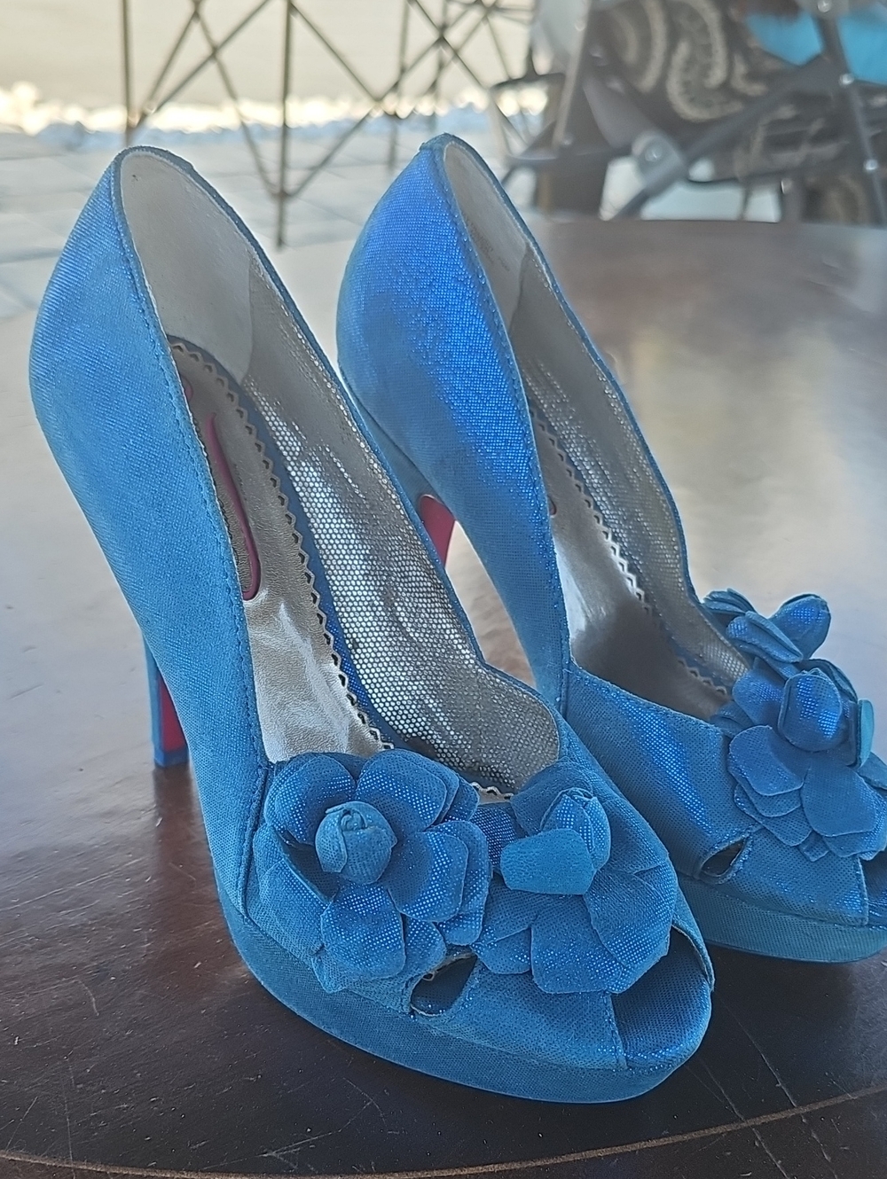Poetic License  Floral Peep-Toe Women's Heels Whimsical Blue Sz 7.5